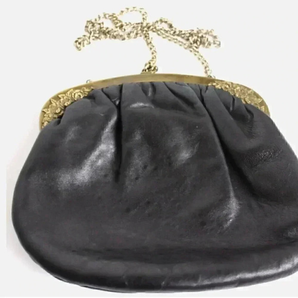 Vintage Victorian Shirl Miller LTD Clutch Black Leather Snap TOP Purse W/ Chain - Picture 3 of 4